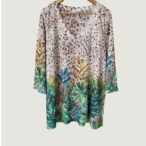 Time and Tru Womens XXL 20 Leopard Tropical Floral Rhinestone 3/4 Sleeve Tunic